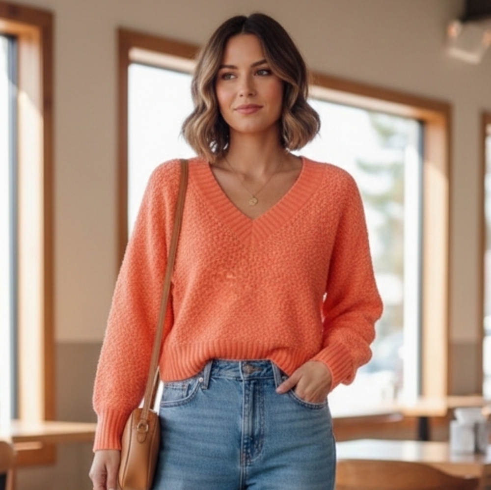 Full Circle Women's Sweater Large Vibrant Orange Long Sleeve V Neck popcorn-knit